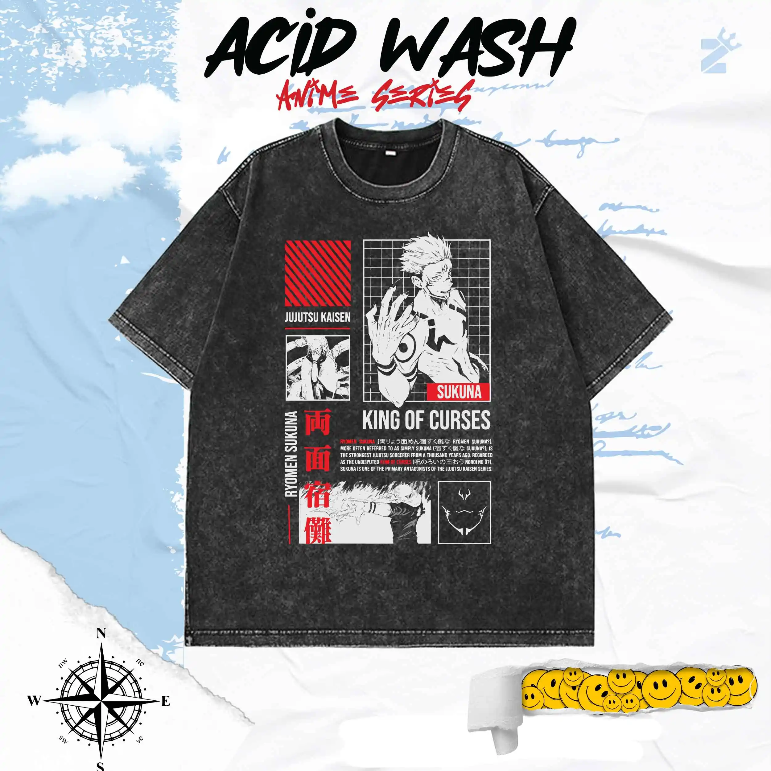 Jujutsu Kaisen Sukuna King of Curses Anime Acid Wash T-shirt Unisex Streetwear